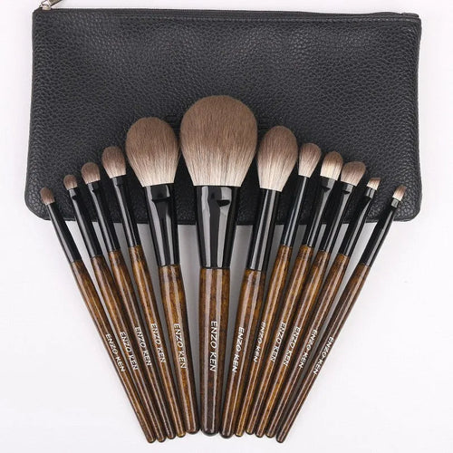 12-piece makeup brush set with wooden handles in PU storage roll