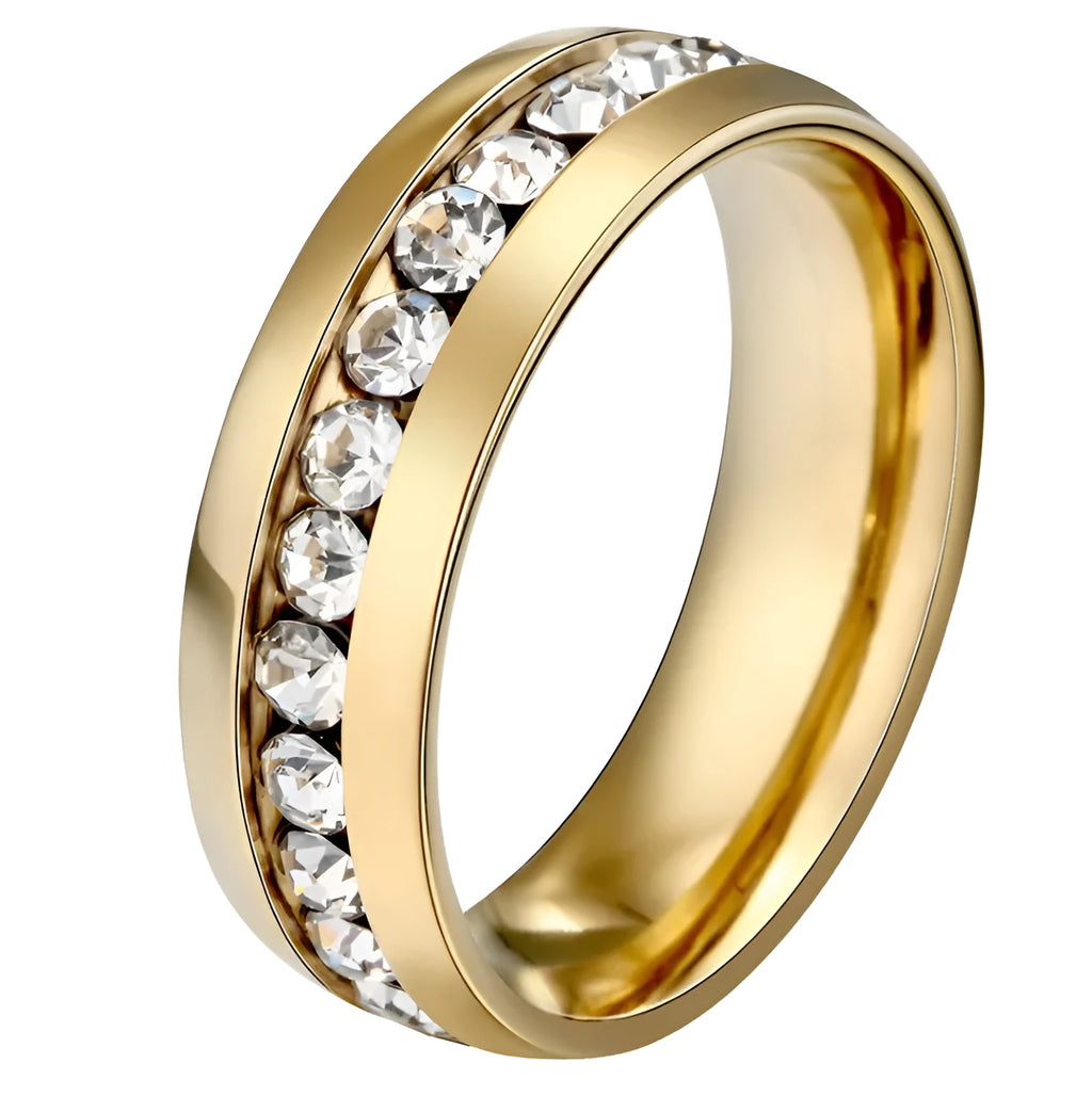 Gold colour crystal ring on stainless steel with tension setting, 6mm band width