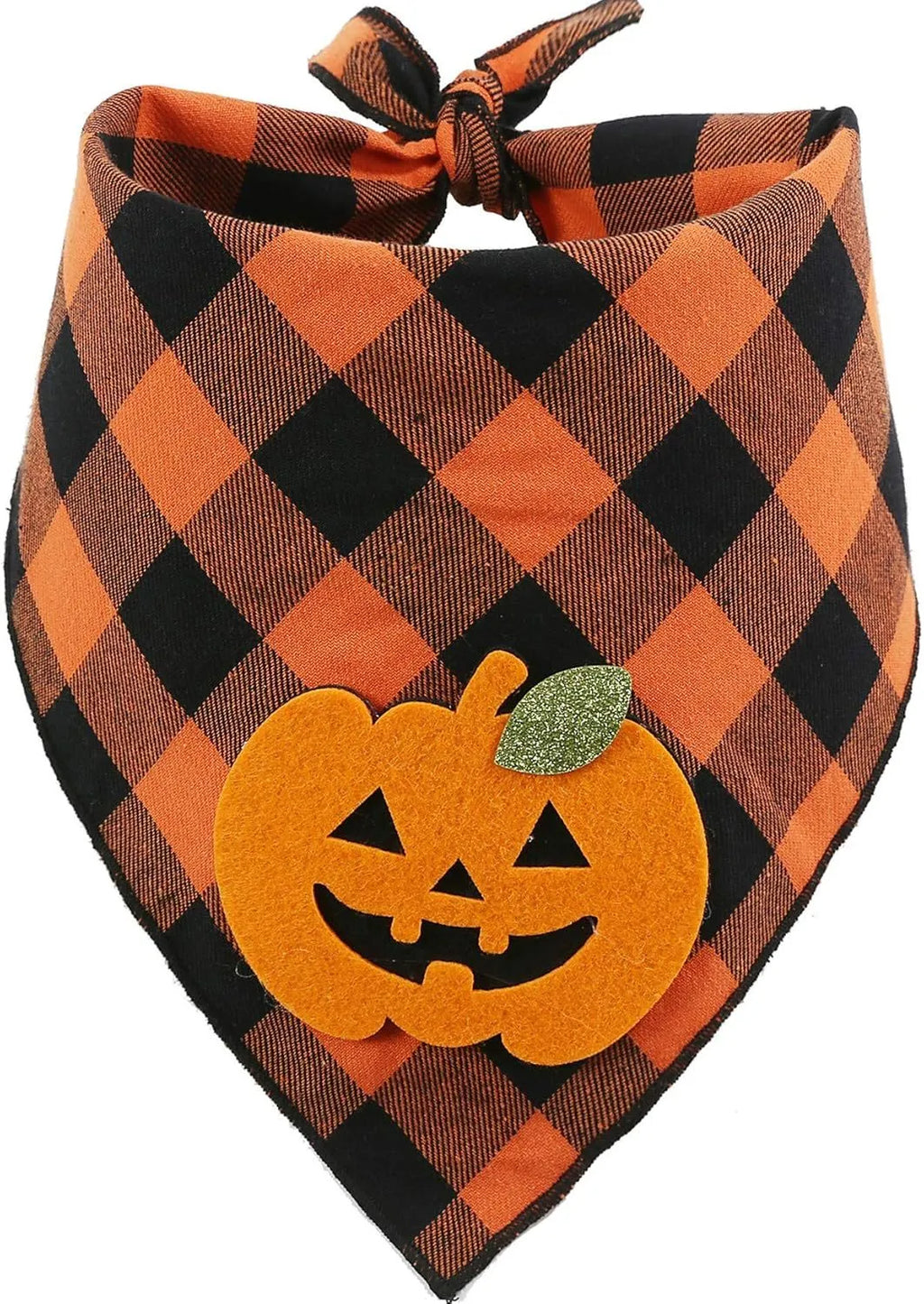 Orange plaid Halloween dog bandana with pumpkin and skeleton felt appliques on a white background