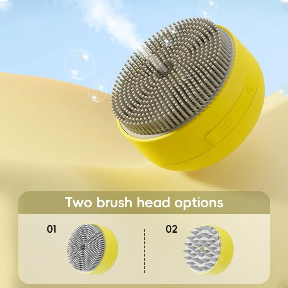 Green or yellow rechargeable cat and dog steam brush with silicone bristles and ergonomic handle.