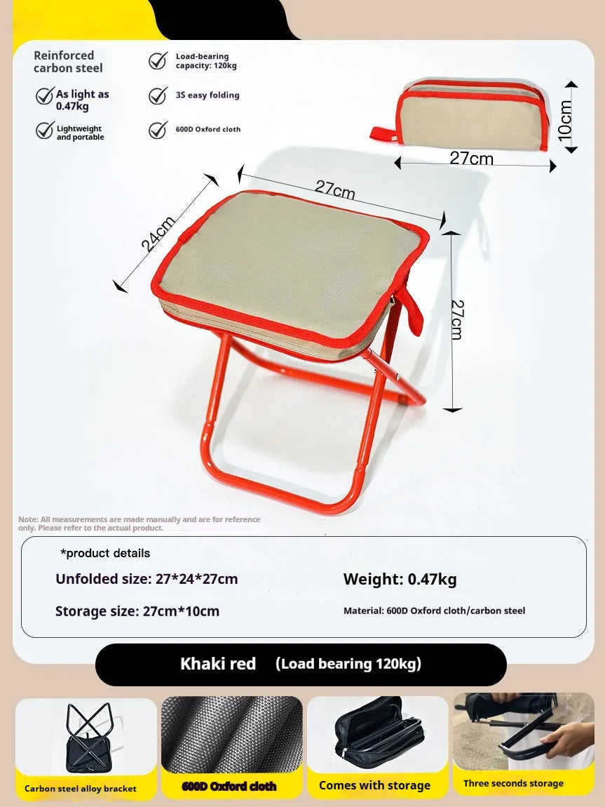 Lightweight foldable camp chair stool in Oxford fabric shown in a khaki colour.