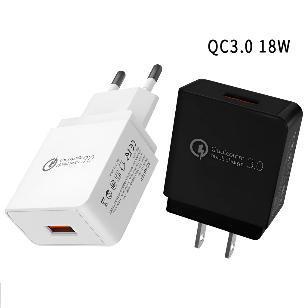 18W QC3.0 USB charger in white with EU plug, measuring 63x40x22mm