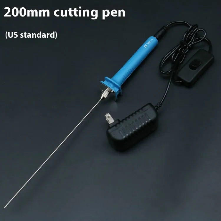 Blue electric heating foam cutter pen with plastic handle and long metal blade on a workbench.