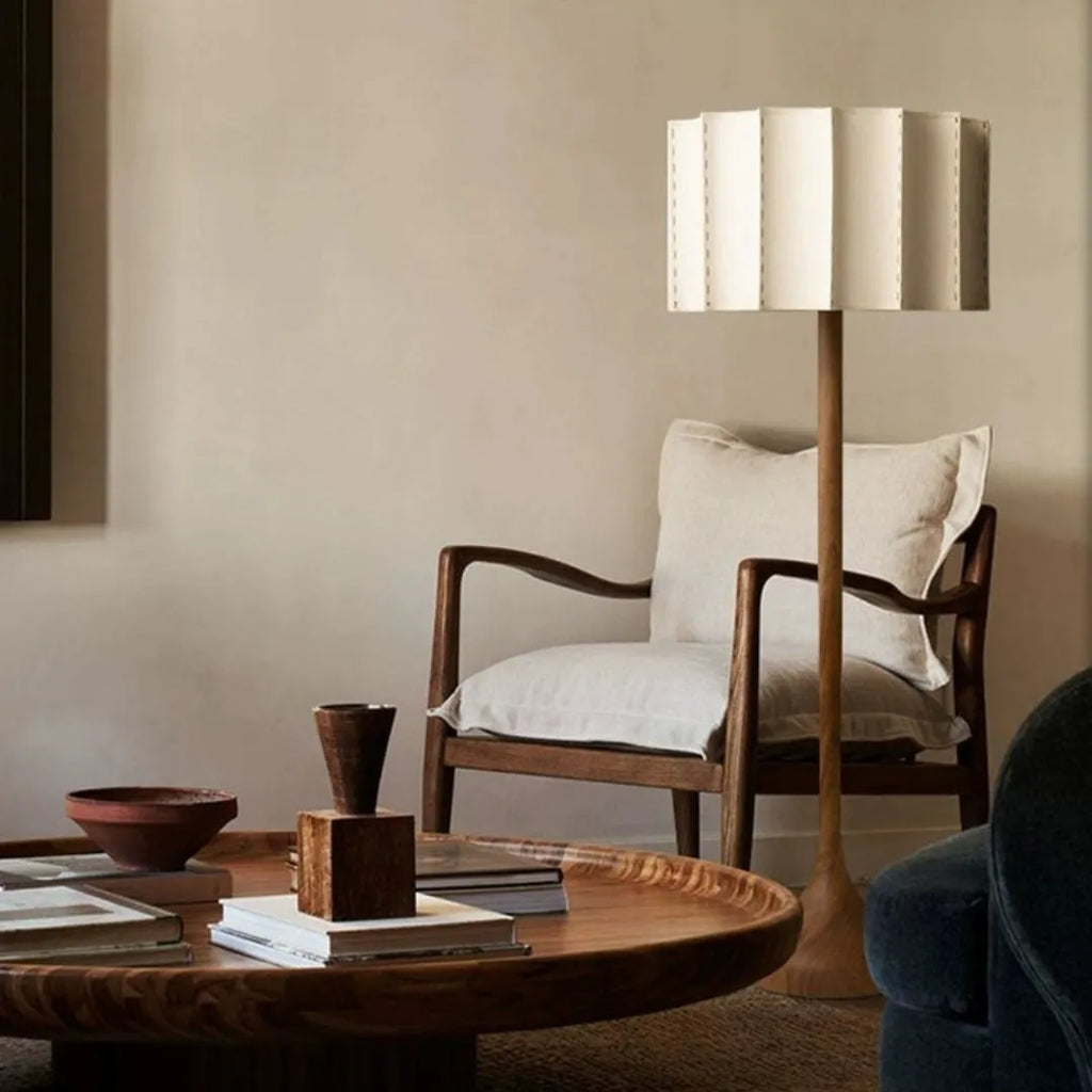 Japanese-style solid wood table lamp with three-colour light, 32x50cm size, on wooden side table in living room