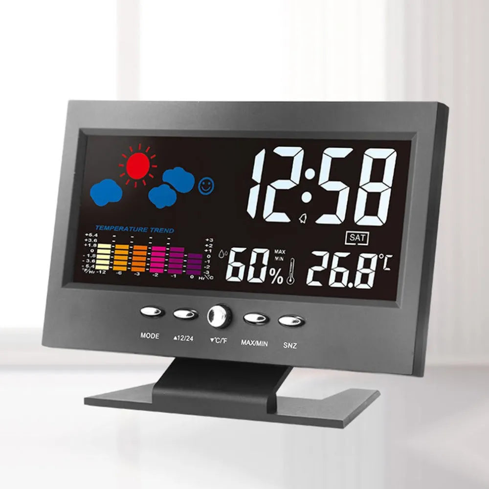 Multi-function large screen perpetual calendar clock with time, date, temperature, world time, alarm, and voice-activated backlight in Black