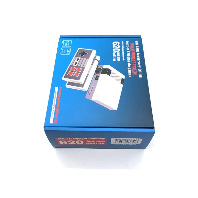 Compact grey NES-style retro game console with two rectangular controllers on a white background.