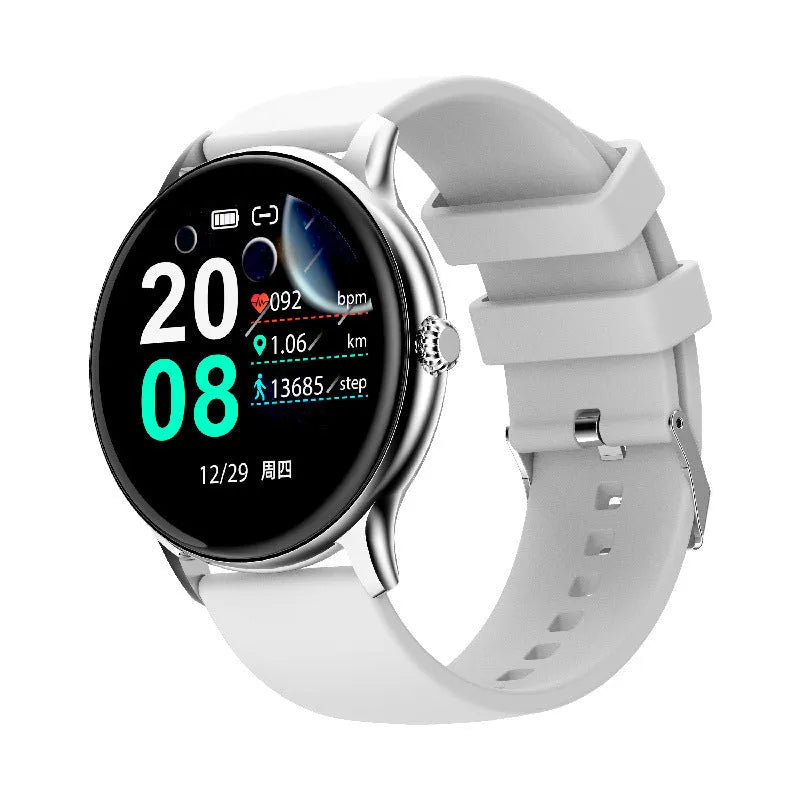 Black smart watch with blood pressure monitoring on a wrist, showing a 1.28-inch touch screen display.