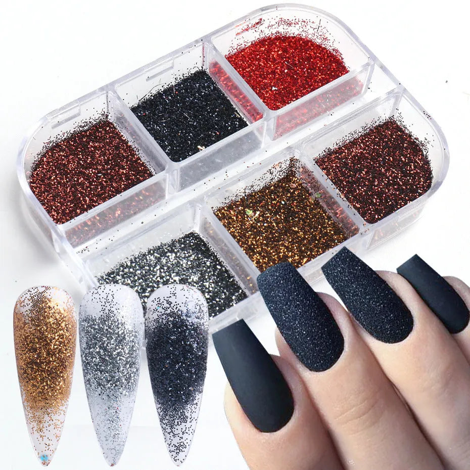 Gold and silver laser irregular nail glitter sequins in 8g box with six-grid compartments