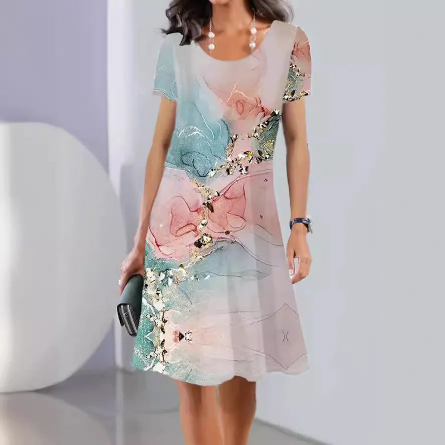 Women's ice silk A-line midi dress with short sleeves and a painted botanical print