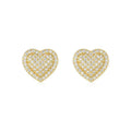 A pair of gold-coloured heart-shaped hoop stud earrings with moissanite stones on S925 sterling silver posts.
