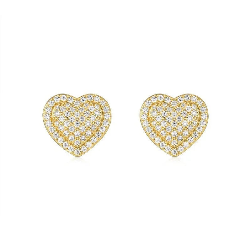 A pair of gold-coloured heart-shaped hoop stud earrings with moissanite stones on S925 sterling silver posts.