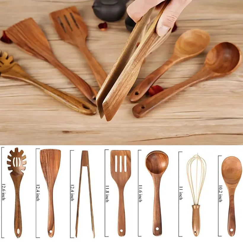 Seven wooden spoon shovels with anti-slip handles for non-stick pan cooking