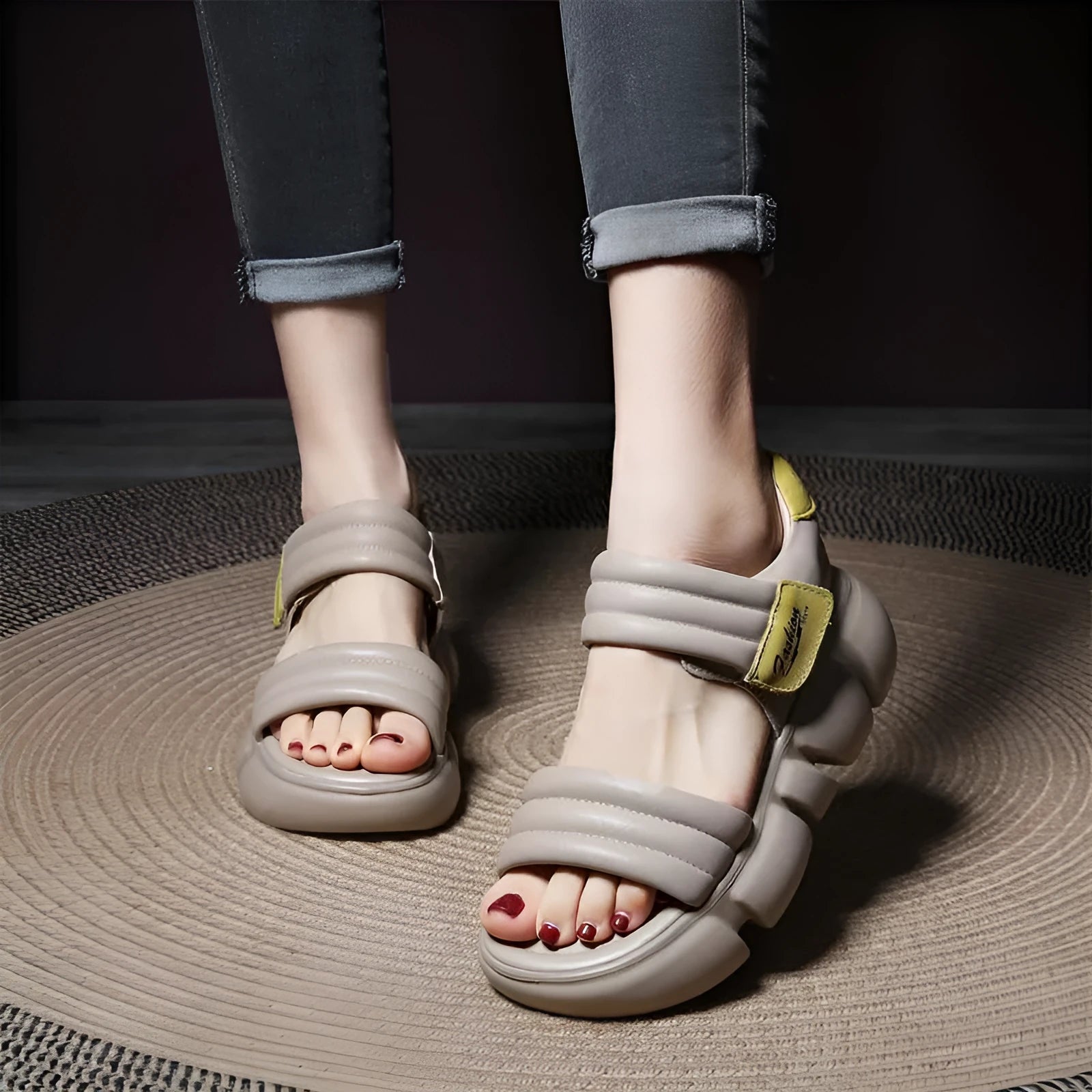 Open toe platform wedge sandals in beige with Velcro strap and rubber sole