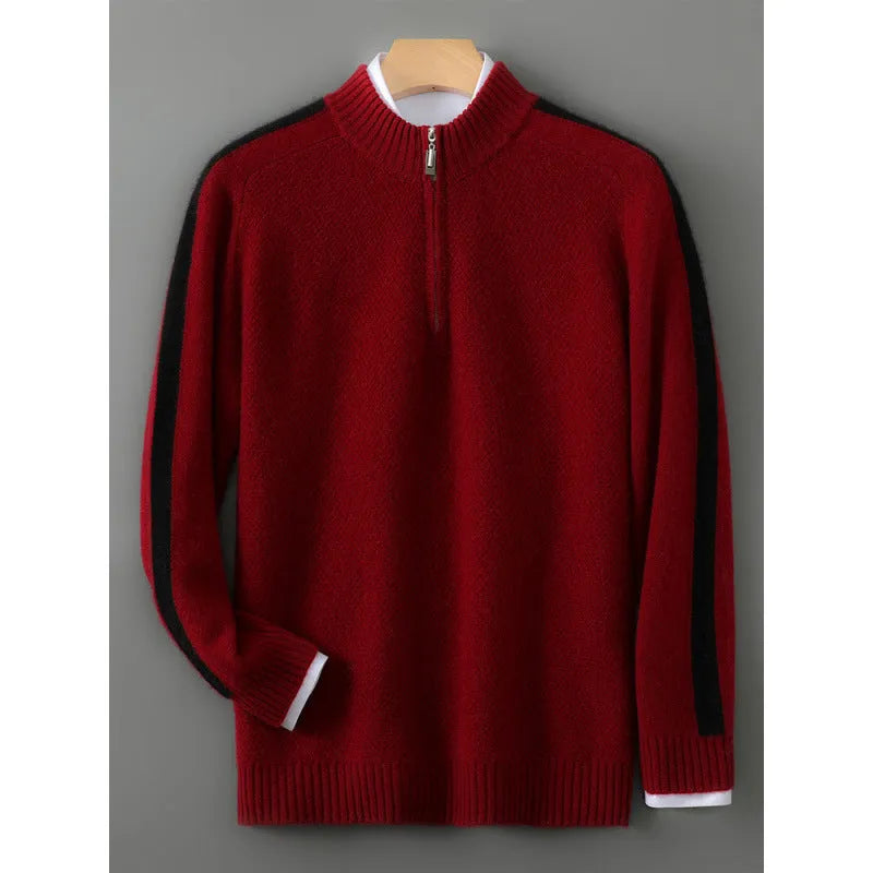 Sheep wool half-height zip knitted sweater in slim fit with round neck