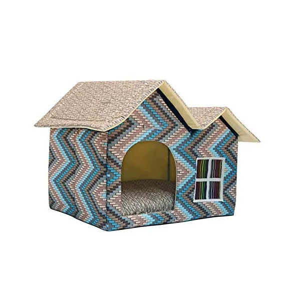 Double top pet house in dark brown corduroy with waterproof Oxford cloth, 55x40x42cm dimensions