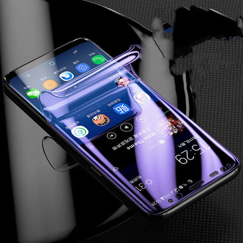 Purple light HD hydrogel matte screen protector for curved Samsung Galaxy phone.