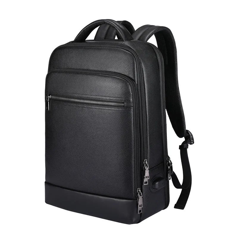 Black genuine leather men's business laptop backpack with curved shoulder straps