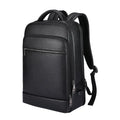 Black genuine leather men's business laptop backpack with curved shoulder straps