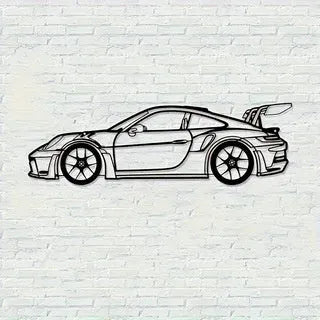 Black iron sports car wall art decoration on a white wall