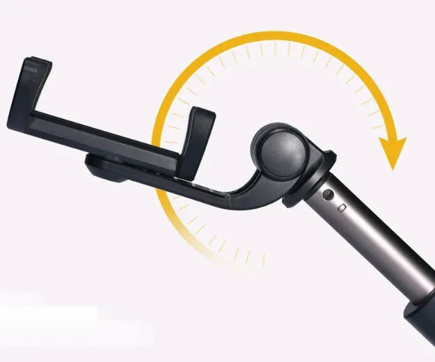 Aluminium alloy Bluetooth selfie stick with remote control and adjustable phone clip in black, pink, or white.