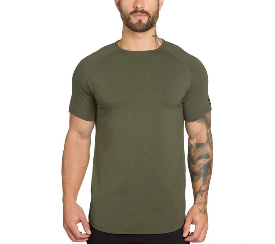 Men's custom plain gym shirt in cotton spandex blend with optional letter print, shown in multiple colour options.