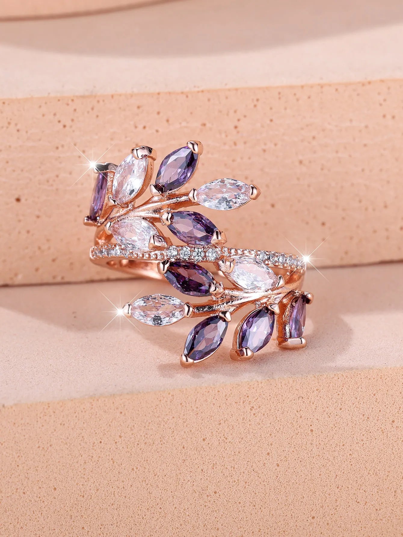 Adjustable copper leaf ring with horse eye design and zircon stones in multiple colour options