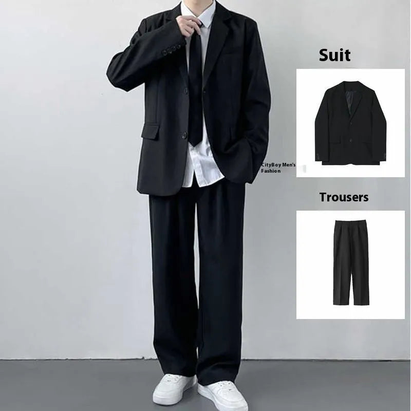 Men's plus size college-style suit set with trousers, white shirt and tie in loose fit