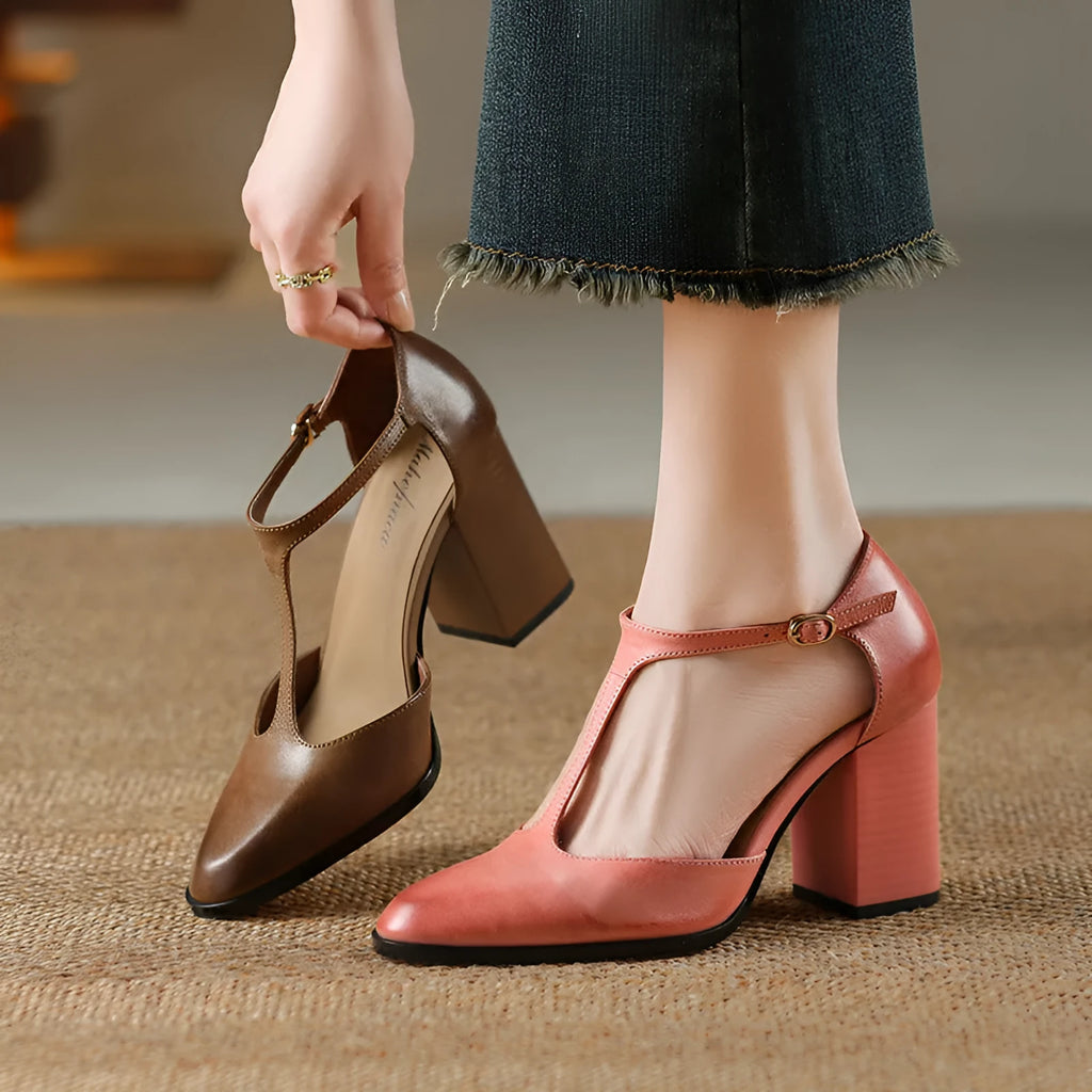 Women's retro pointed toe Mary Jane shoes with hollow baotou design and buckle closure in dark brown and pink colours