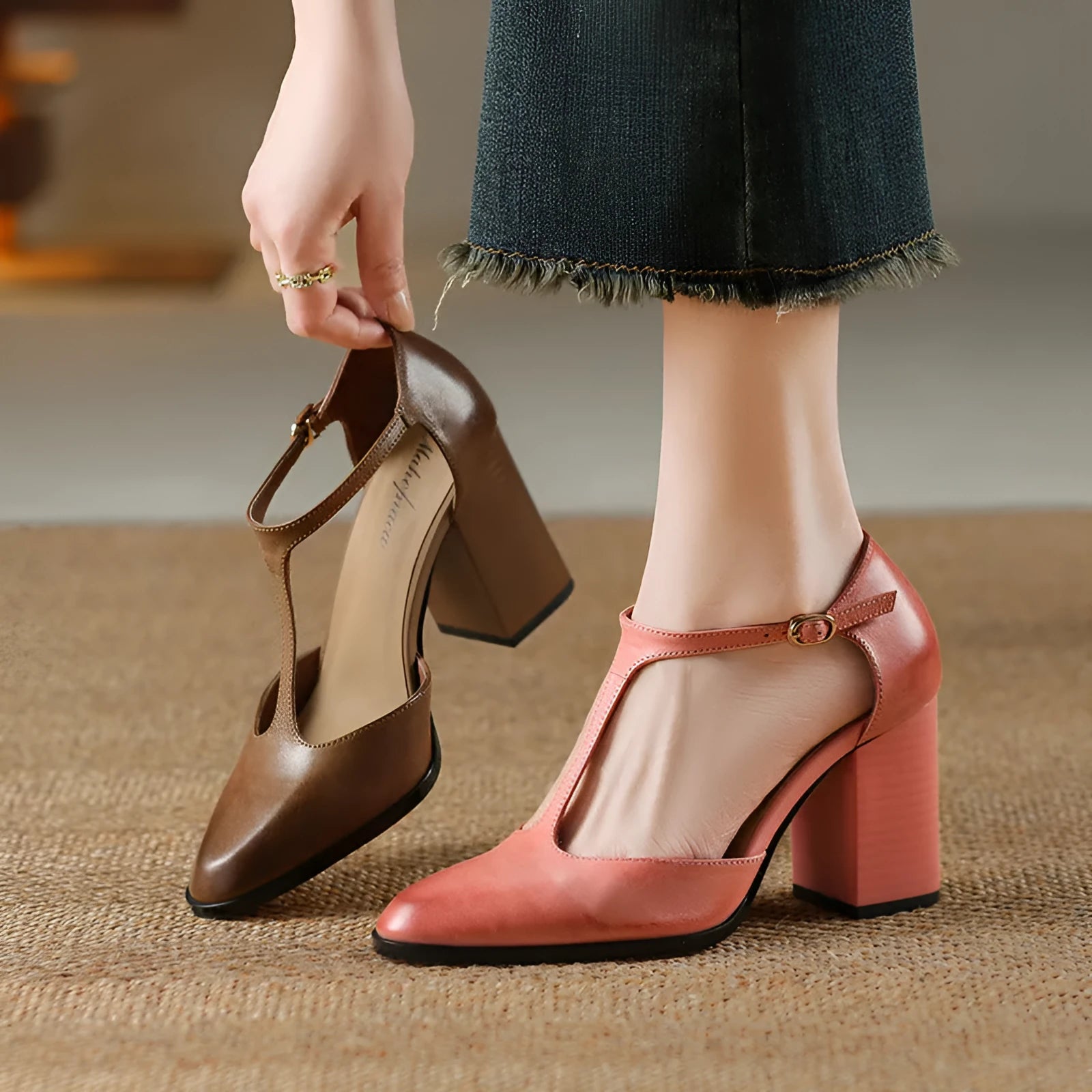 Women's retro pointed toe Mary Jane shoes with hollow baotou design and buckle closure in dark brown and pink colours