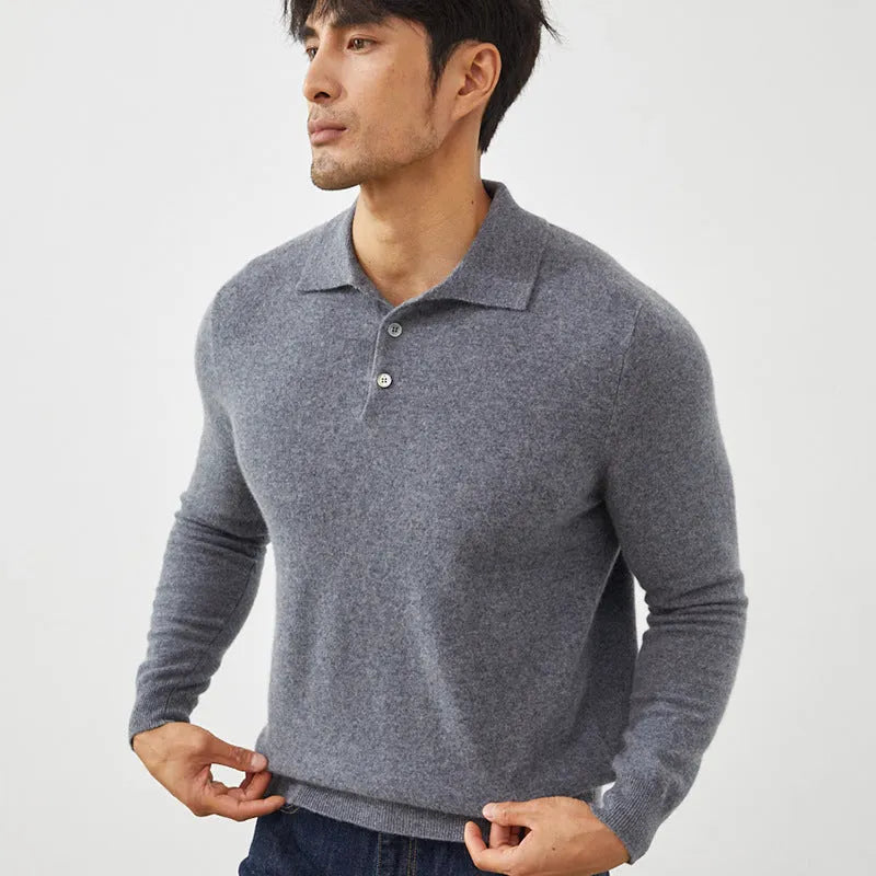 Men's cashmere polo collar pullover sweater in loose fit available in multiple colours and sizes