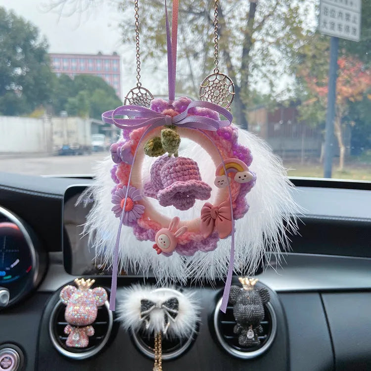 Handmade wool bell orchid car pendant hanging from rear-view mirror