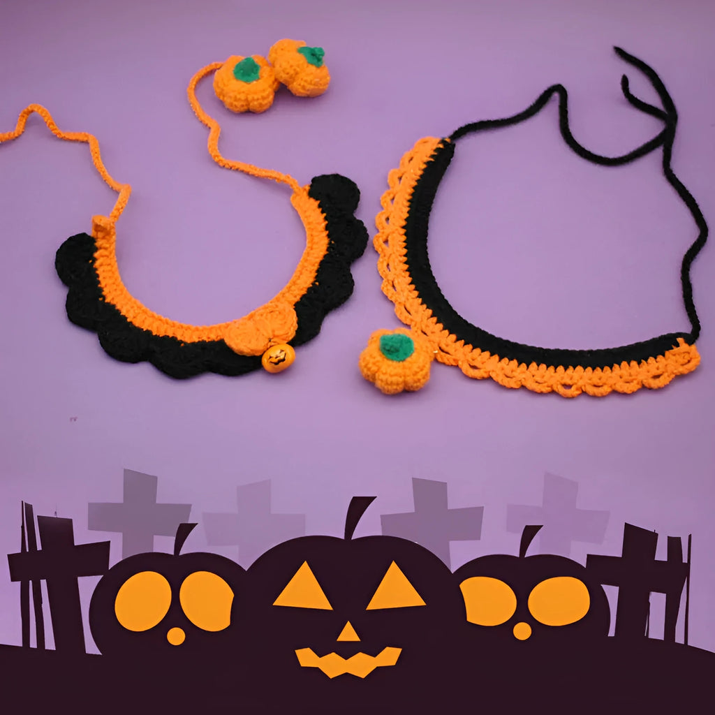 Hand-crocheted wool pet collar in pumpkin colours with adjustable sizing