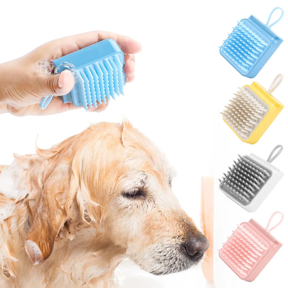 Soft TPR pet bath brush in pink with ergonomic handle for gentle grooming and massage