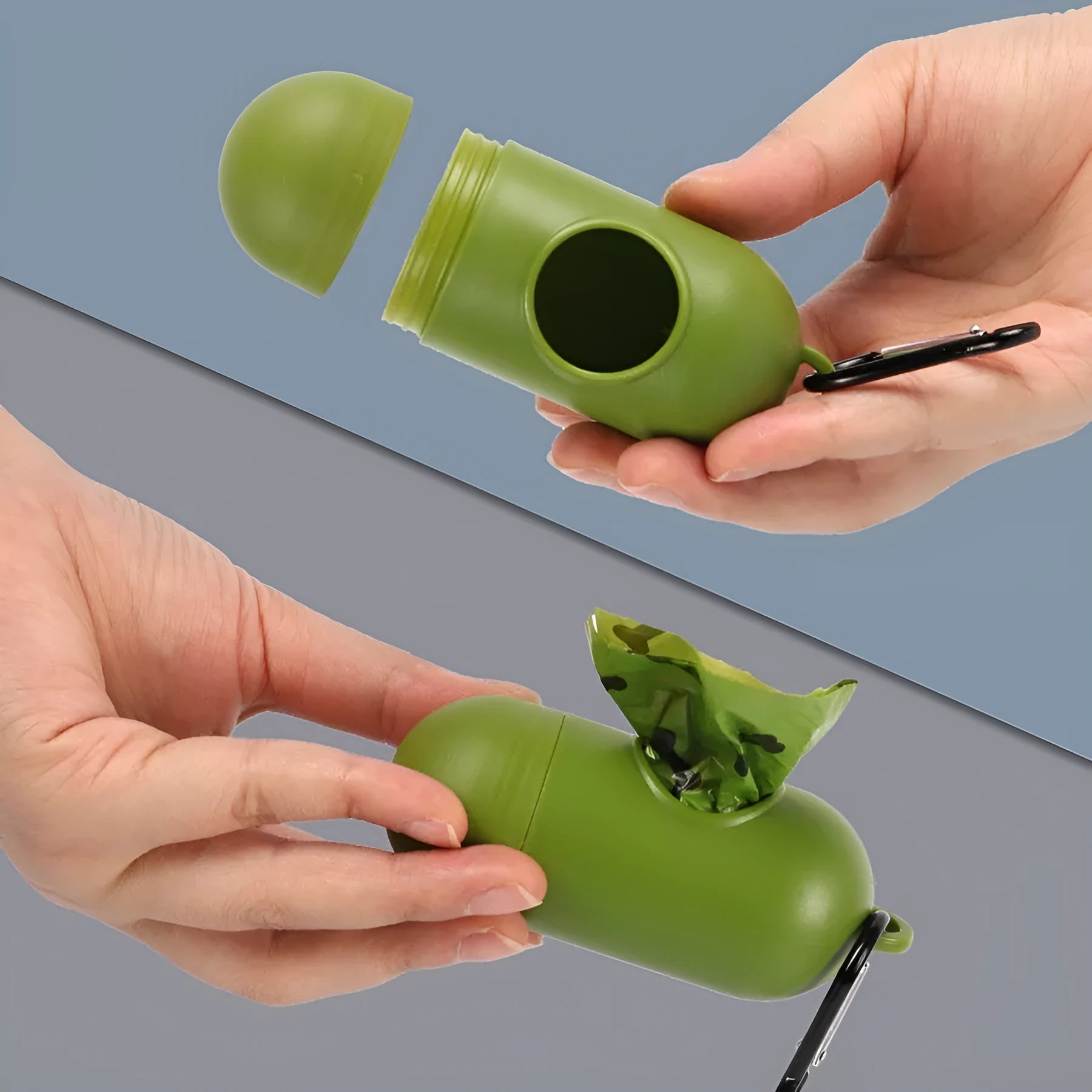 Military green degradable dog poop bags with black bone pattern measuring 23x33cm