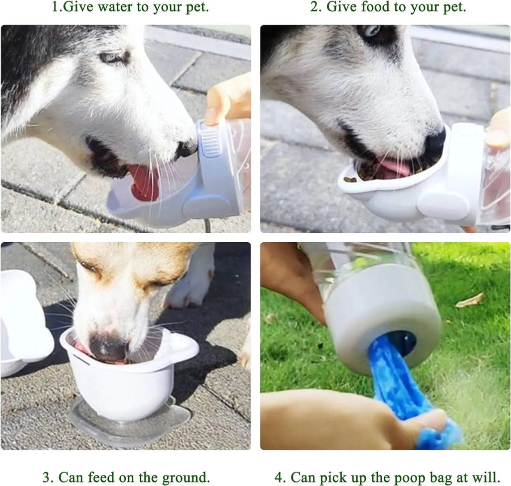 3-in-1 portable pet water bottle with food container and waste bag dispenser in green pink white colours