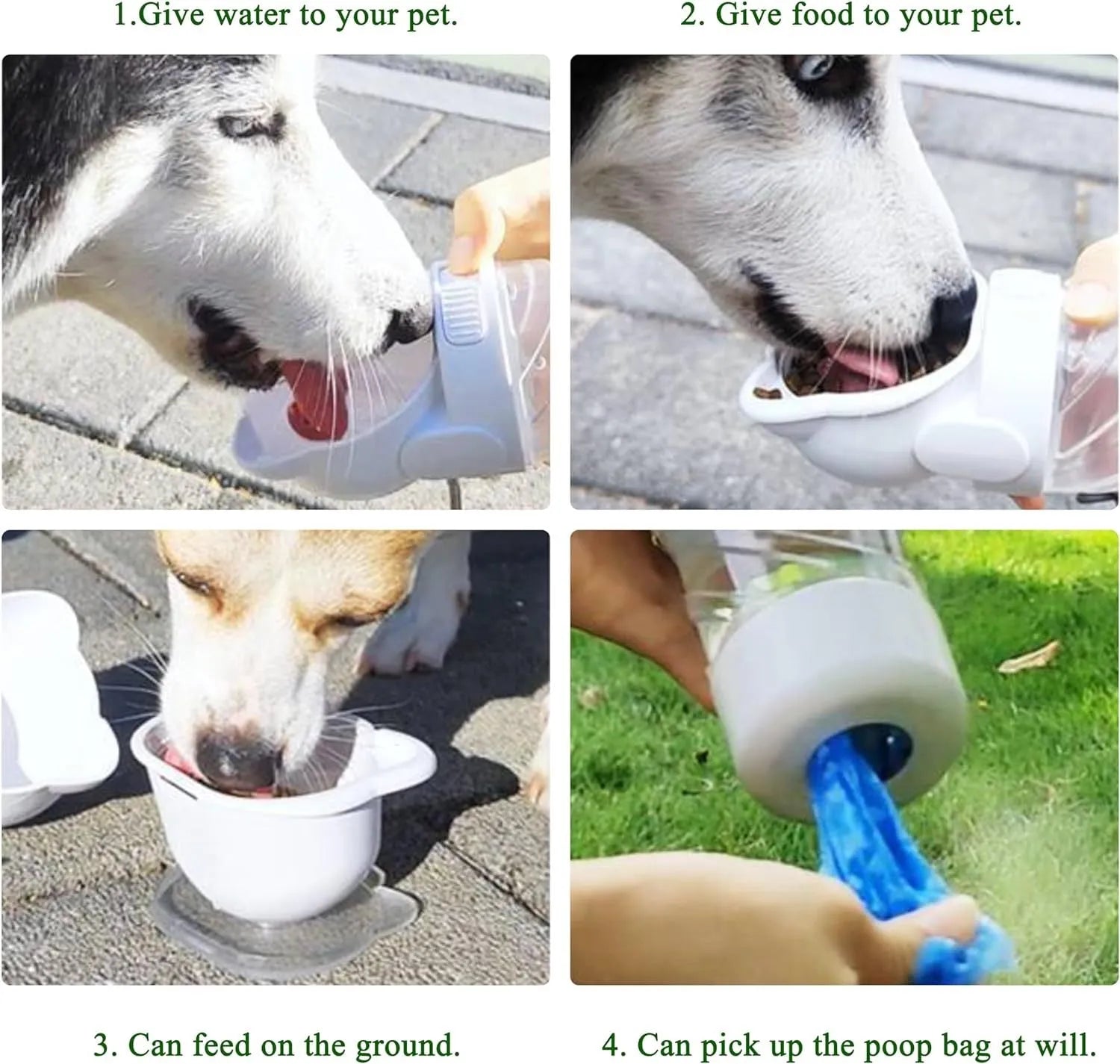 3-in-1 portable pet water bottle with food container and waste bag dispenser in green pink white colours