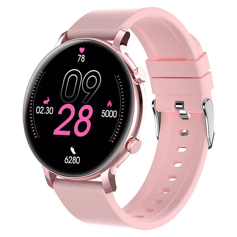 Silver stainless steel smartwatch with black screen showing heart rate data on a genuine leather strap.