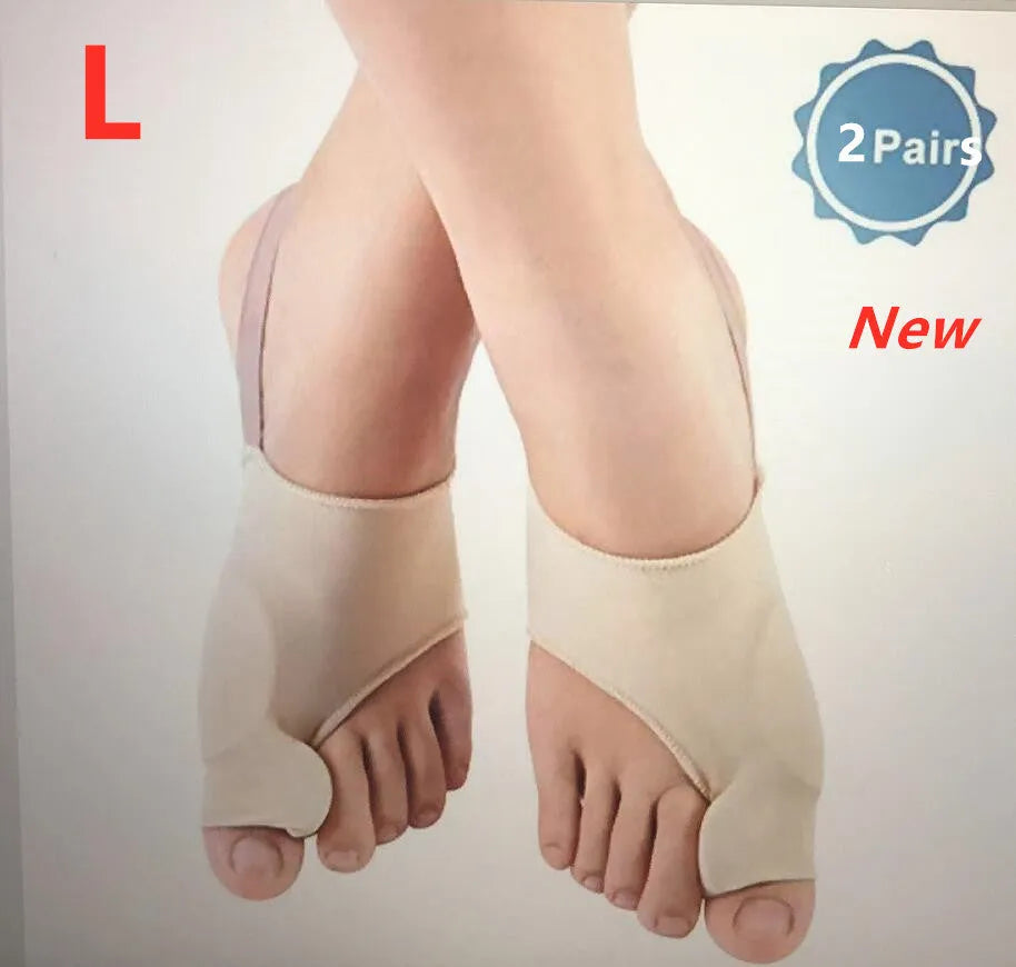 Pair of stretchable corrective socks with a visible gel bunion pad and silicone toe separator.