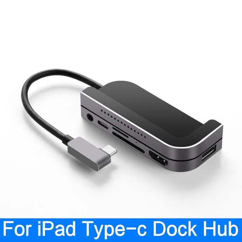 Silver aluminium grey 6-in-1 USB-C docking station for iPad Pro tablets with HDMI port and multiple connectors