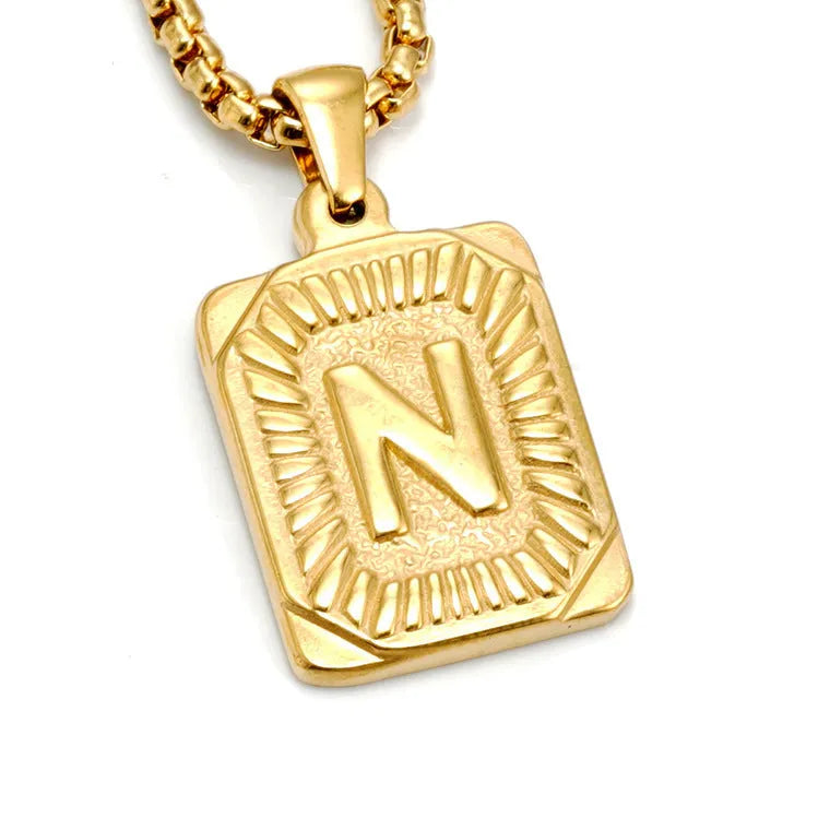 Gold-plated 18K titanium steel letter pendant necklace with pearl chain, gold colour, unisex design