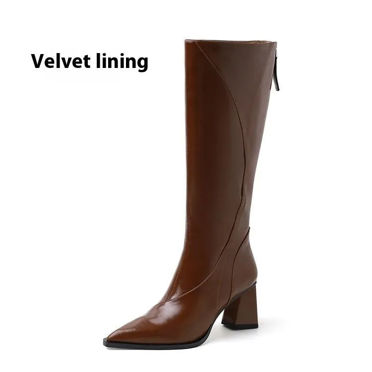 Women's retro Maillard tube high heel riding boots in cowhide leather with waterproof platform, black colour