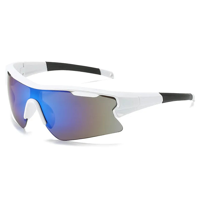 Windproof sports cycling sunglasses in black frame with grey lens on outdoor background.