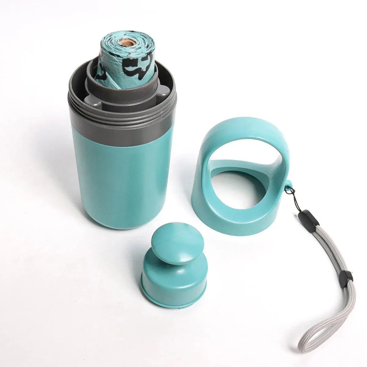 Blue plastic pet pooper scooper with claw mechanism and built-in garbage bag dispenser for outdoor waste collection