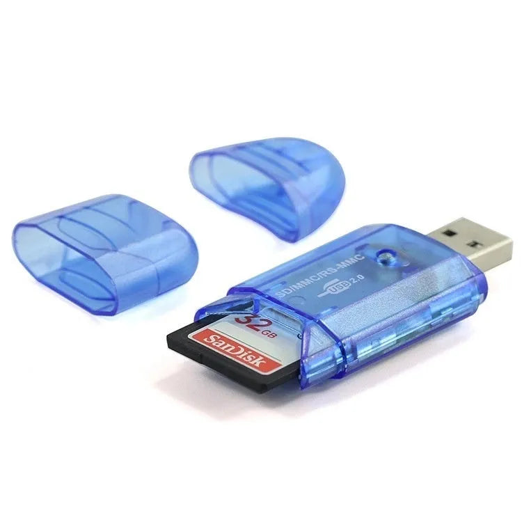 Transparent plastic USB card reader with integrated card holder compartment showing USB 2.0 connector