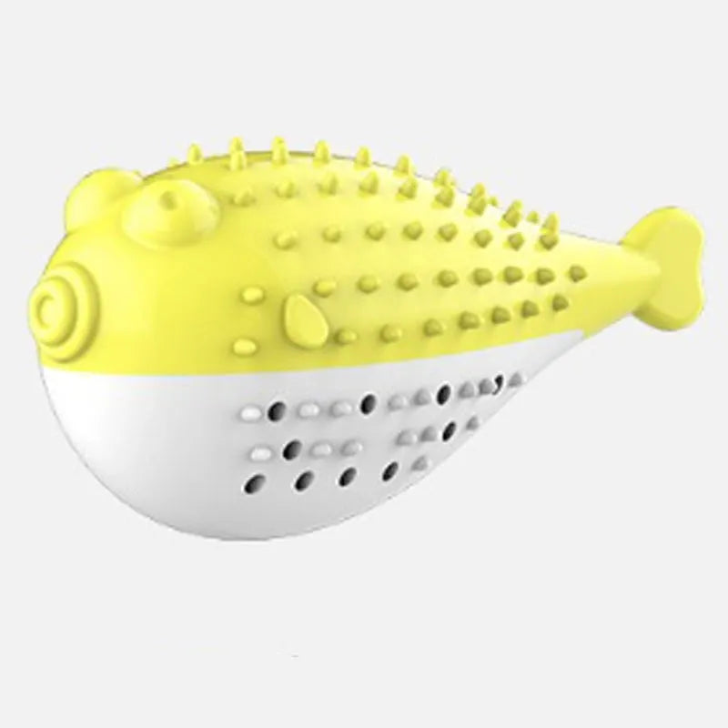 Blue silicone fish-shaped cat chew toy with measurements showing 12.2 cm length