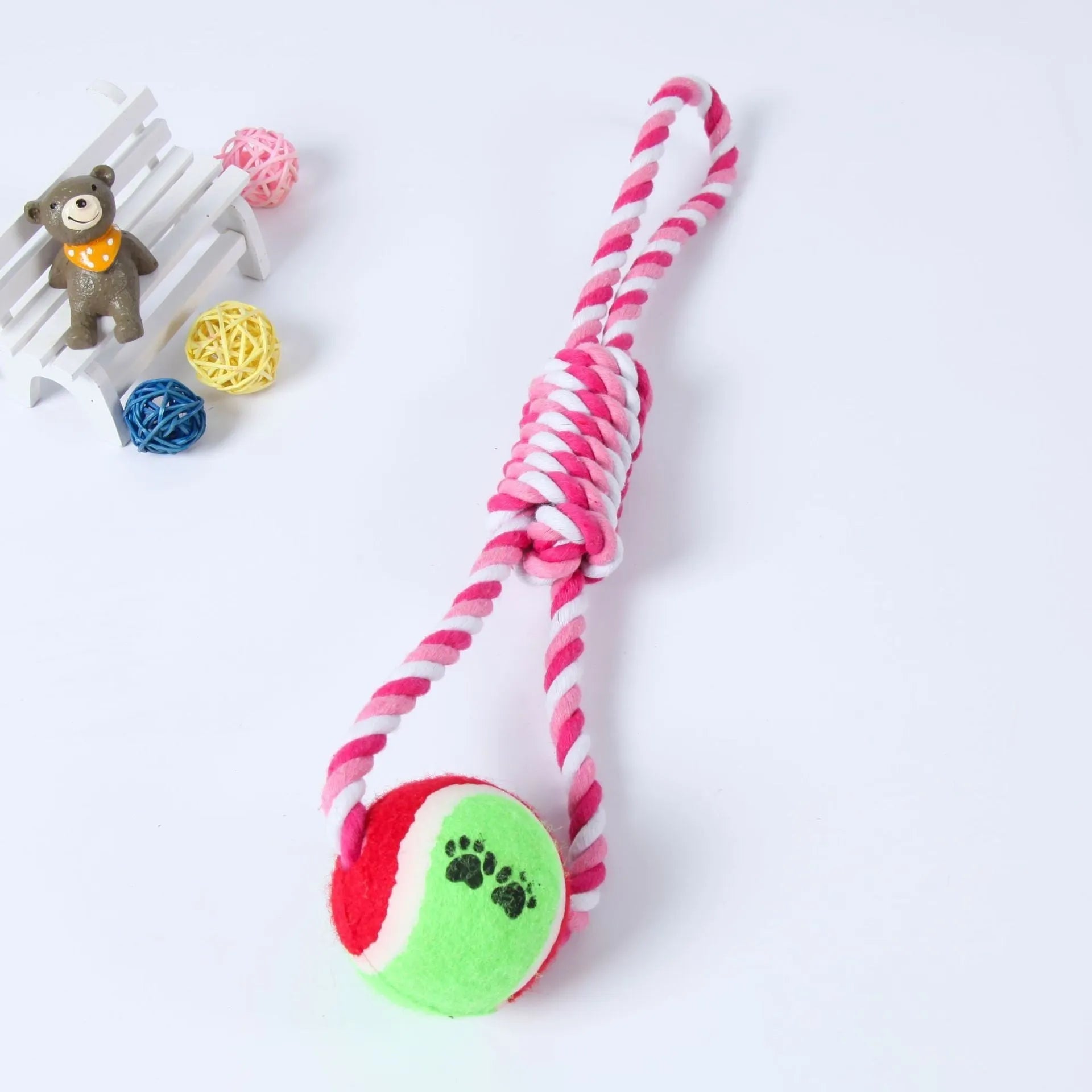 Cotton string dog toy for medium large dogs in red and white colours, approximately 38cm long.