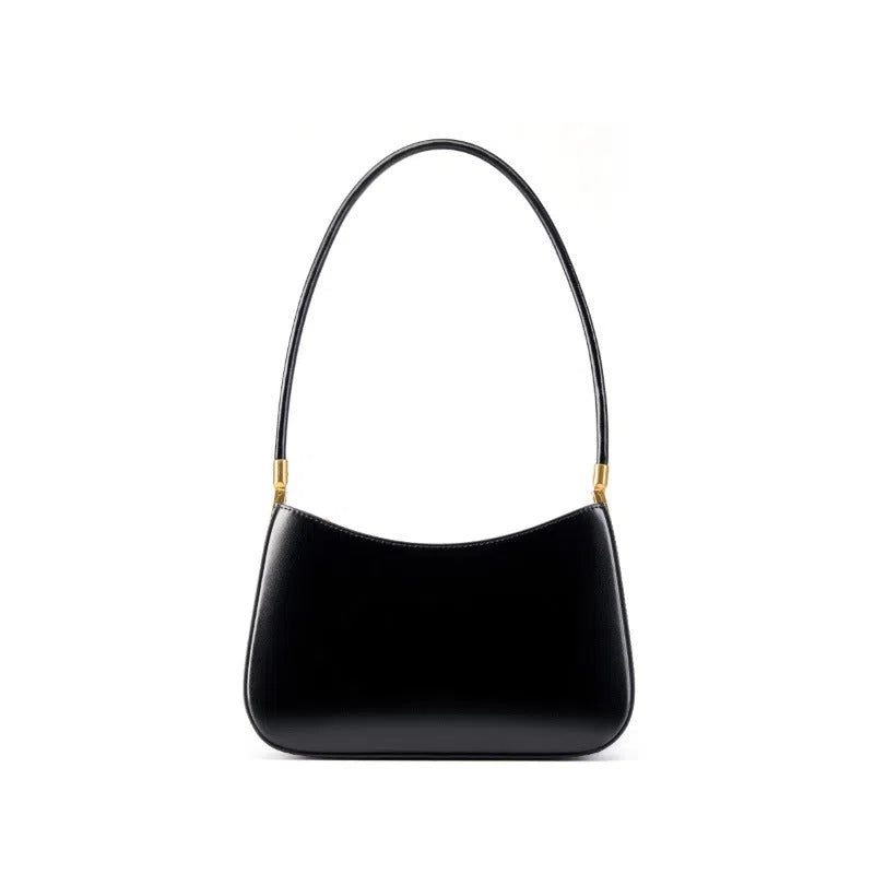 Women's casual French-style oval one-shoulder bag in cowhide leather, 25.5x6x14cm, available in black