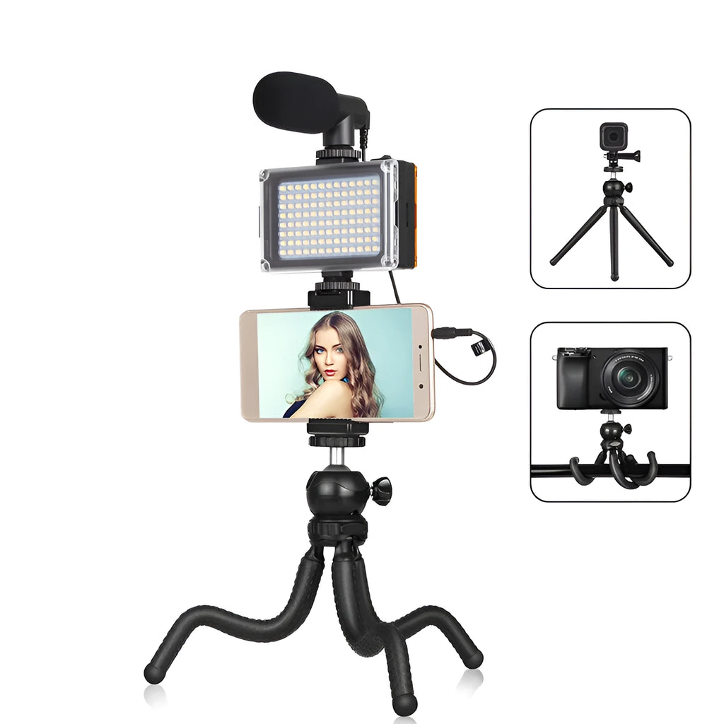 Black octopus tripod with flexible legs and a fill light microphone, shown mounted on a post.