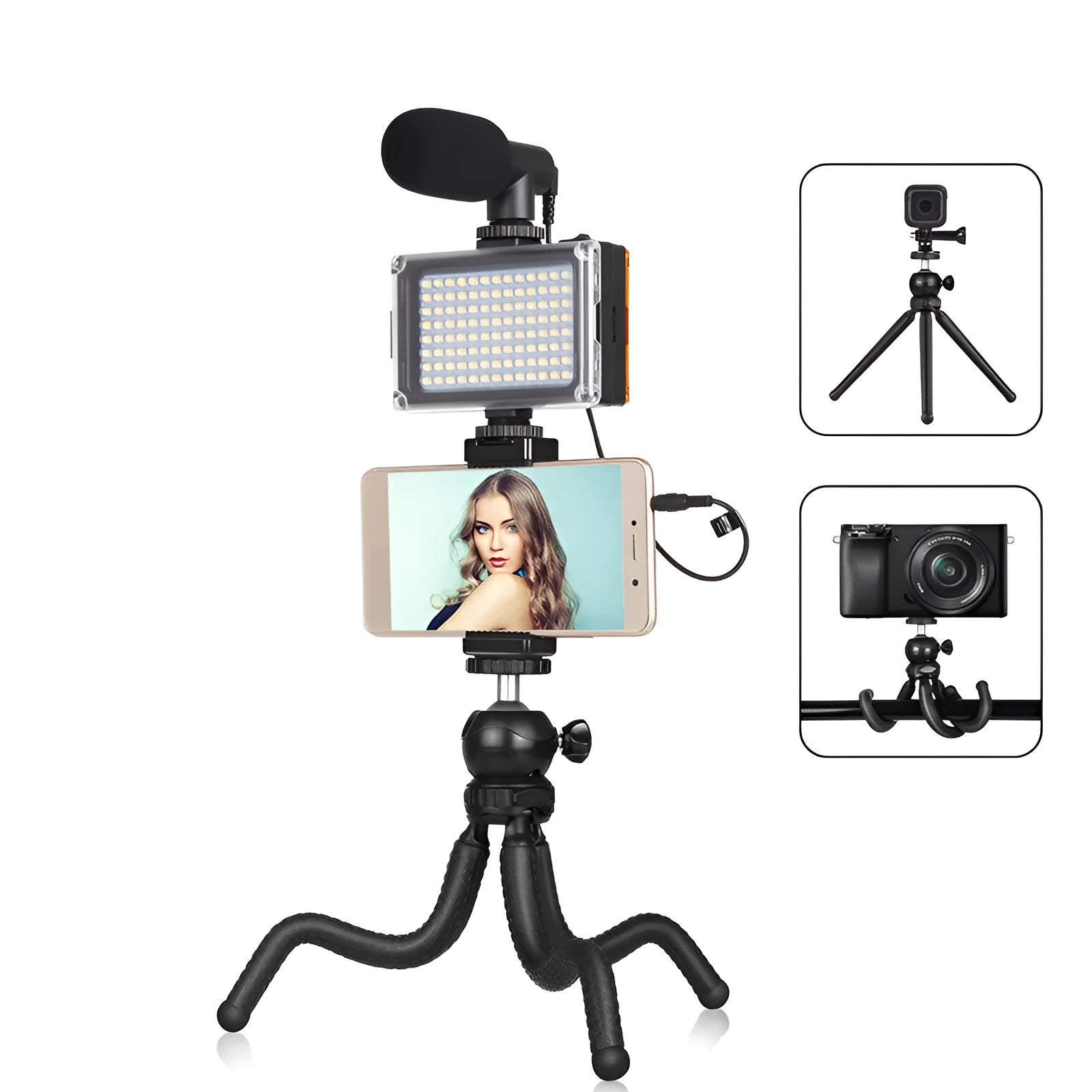 Black octopus tripod with flexible legs and a fill light microphone, shown mounted on a post.