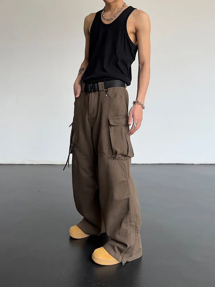 Vintage high waist loose wide leg trousers in coffee colour for women polyester fabric side view